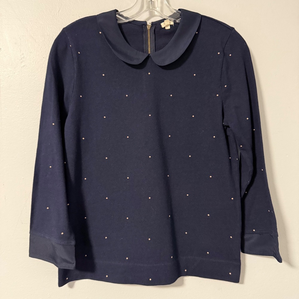 J Crew Navy Blue Dot Peter‎ Pan Collar Long Sleeve Zipper Sweater Top Women's S